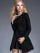 Romwe Black Round Neck Long Sleeve Beading Coat