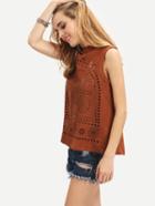 Romwe Brown Sleeveless High Neck Burn-out Tank Top