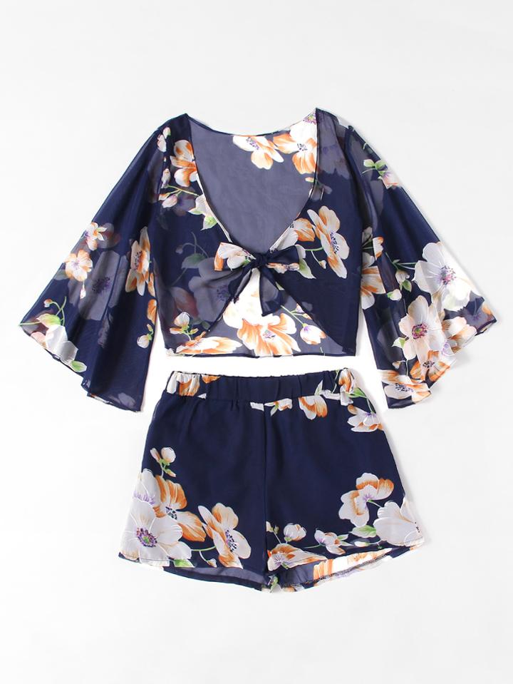 Romwe Floral Print Random Knot Front Chiffon Top With Shorts