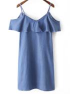 Romwe Blue Denim Ruffle Spaghetti Strap Dress