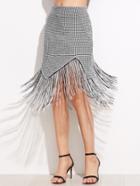 Romwe Black Plaid Asymmetrical Tassel Hemline Skirt