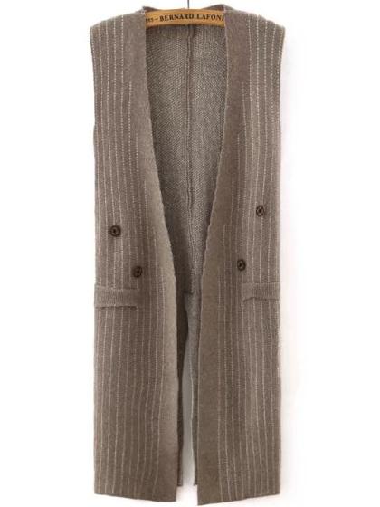Romwe Vertical Striped Slit Buttons Coffee Sweater Vest