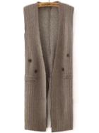 Romwe Vertical Striped Slit Buttons Coffee Sweater Vest