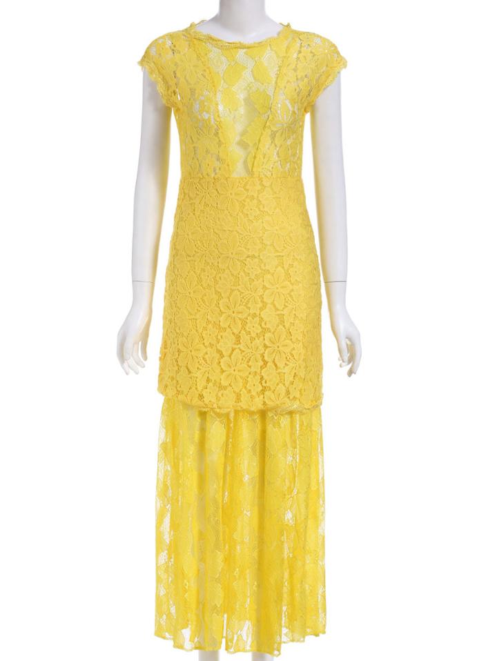 Romwe Short Sleeve Back Hollow Lace Maxi Dress