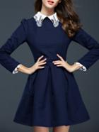 Romwe Navy Lapel Length Sleeve Embroidered Dress