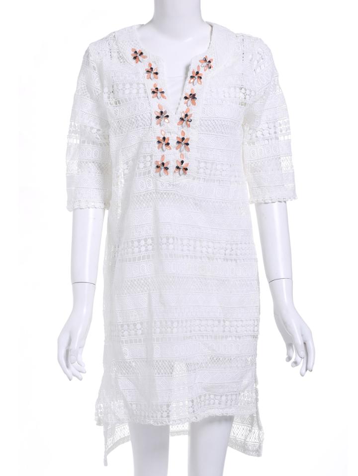 Romwe V Neck Flower Gemstone High Low Dress