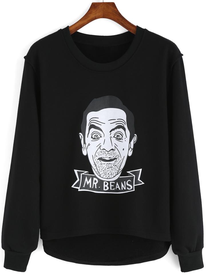 Romwe Letter Print High Low Black Sweatshirt