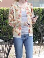 Romwe Round Neck Flower Print Zipper Coat