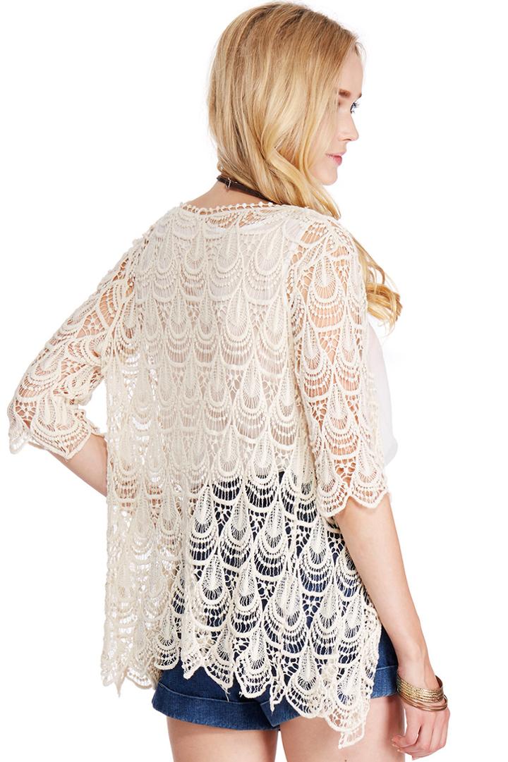 Romwe Romwe Lace Crochet Apricot Short-sleeved Cardigan