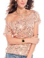 Romwe Off-the-shoulder Sequin Top - Pink