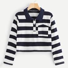 Romwe Polo Neck Striped Tee