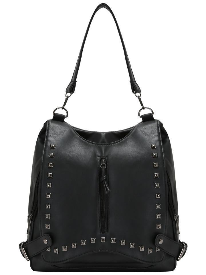 Romwe Black Belt Buckle Studded Pu Backpack