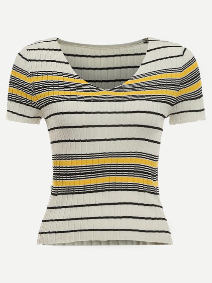 Romwe V Neck Striped Slim Ribbed T-shirt