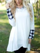 Romwe Hooded Plaid High Low White Dress