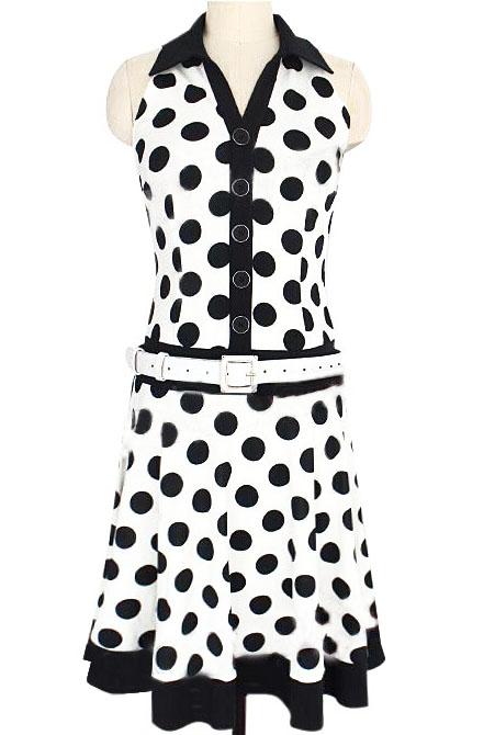 Romwe Lapel Polka Dot With Buttons Pleated White Dress
