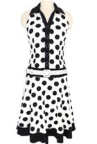 Romwe Lapel Polka Dot With Buttons Pleated White Dress