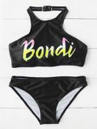 Romwe Letter Print Halter Bikini Set