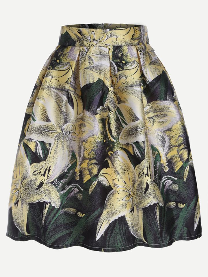 Romwe Yellow Flower Print Box Pleated Midi Skirt