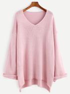 Romwe Pink V Neck Drop Shoulder High Low Cuffed Sweater