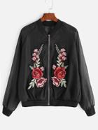 Romwe Black Flower Patches Raglan Sleeve Jacket