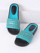 Romwe Turquoise Chain Detail Pu Slide Flat Sandals