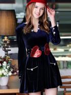 Romwe Navy V Neck Long Sleeve Drawstring Pockets Sequined Dress