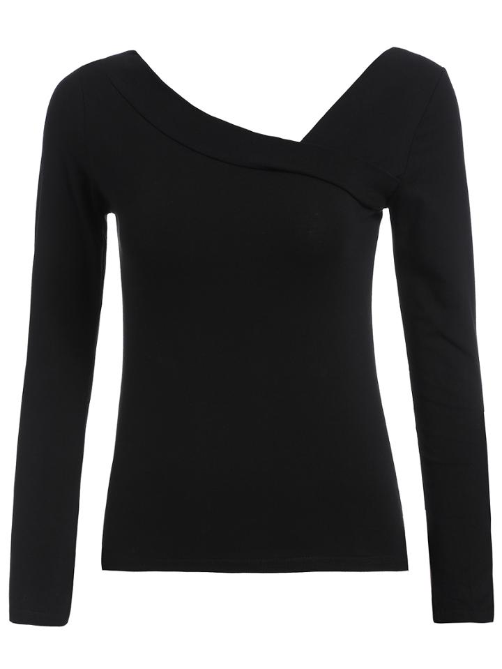 Romwe V Neck Long Sleeve Asymmetrical Black T-shirt