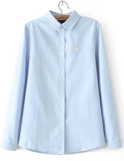 Romwe Lapel Swan Embroidered Blue Blouse