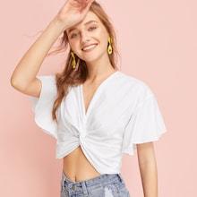 Romwe Twist Detail Solid Crop Blouse