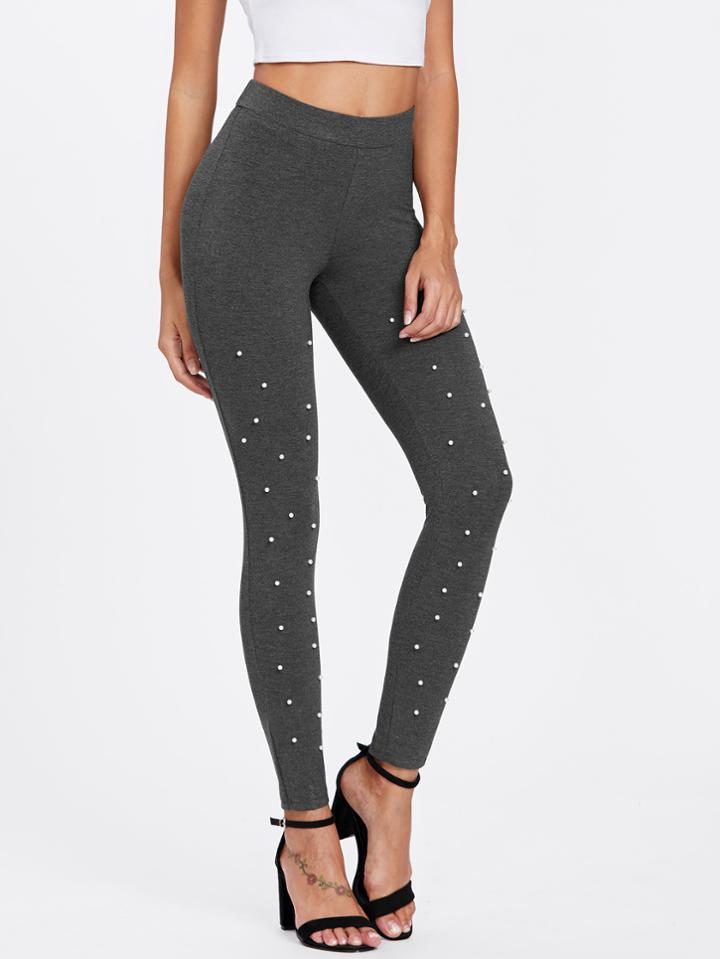 Romwe Pearl Beading Heathered Leggings