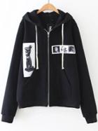 Romwe Black Printed Zipper Hooded Sweatshirt