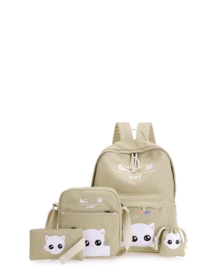 Romwe Cat Print Combination Bag 4pcs