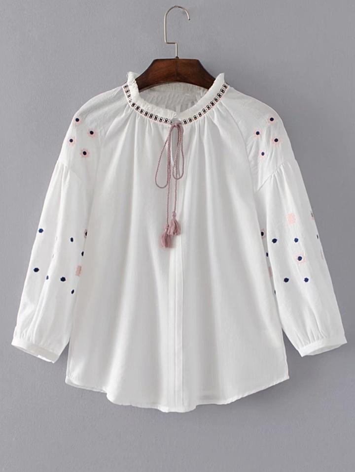 Romwe Drop Shoulder Seam Tassel Tie Embroidery Blouse