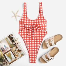 Romwe Gingham Scoop Neck High Leg One Piece Swimsuit