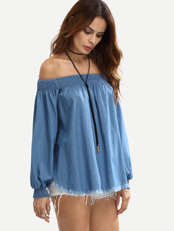 Romwe Raw Trim Dolphin Hem Bardot Blouse