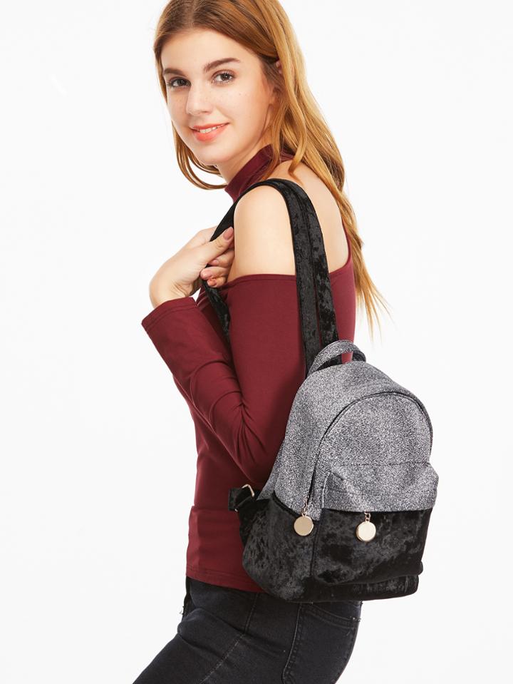 Romwe Black Contrast External Pocket Velvet Backpack