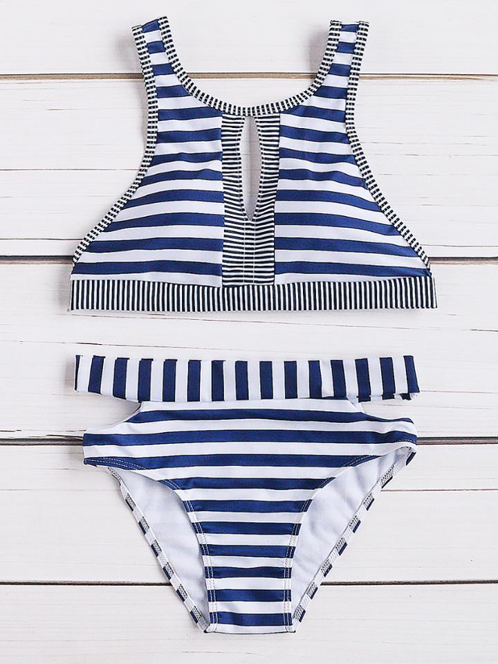 Romwe Striped Print Front Keyhole Bikini Set