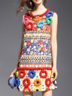 Romwe Multicolor Beading Disc Flowers Jacquard Dress