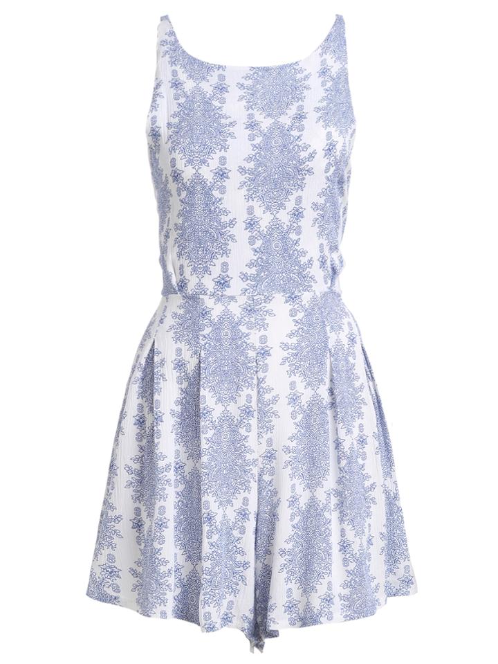 Romwe Blue Floral Cut Out Tie Back Romper