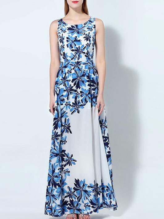Romwe Blue Crew Neck Print Split Maxi Dress