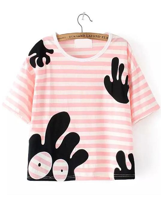 Romwe Octopus Print Striped Pink T-shirt