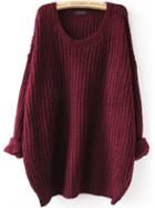 Romwe Red Batwing Long Sleeve Loose Knit Sweater