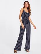 Romwe Striped Knot Front Cut Out Back Cami Jumpsuit