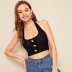 Romwe Ribbed Button Front Halter Top