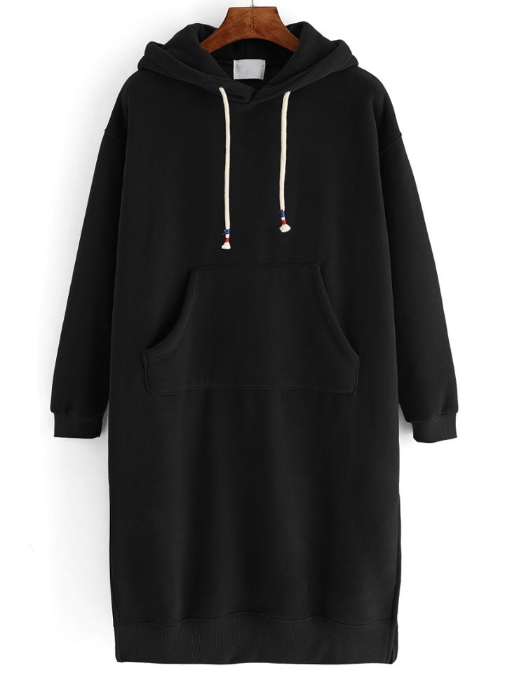 Romwe Hooded Dropped Shoulder Seam Drawstring Black Sweatshirt Dress