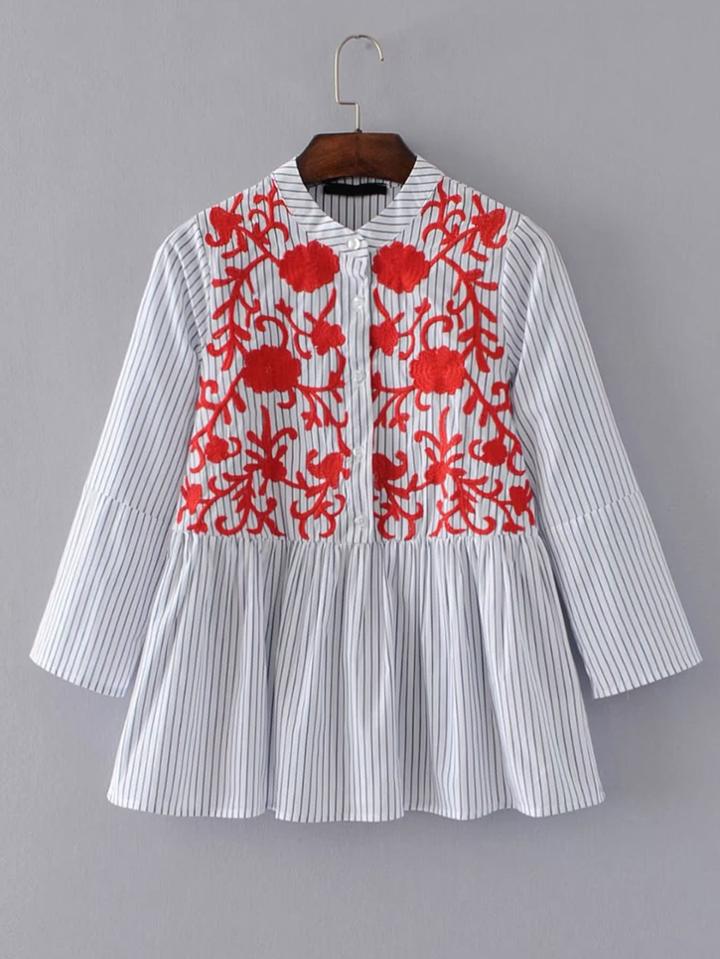 Romwe Band Collar Vertical Striped Embroidery Blouse
