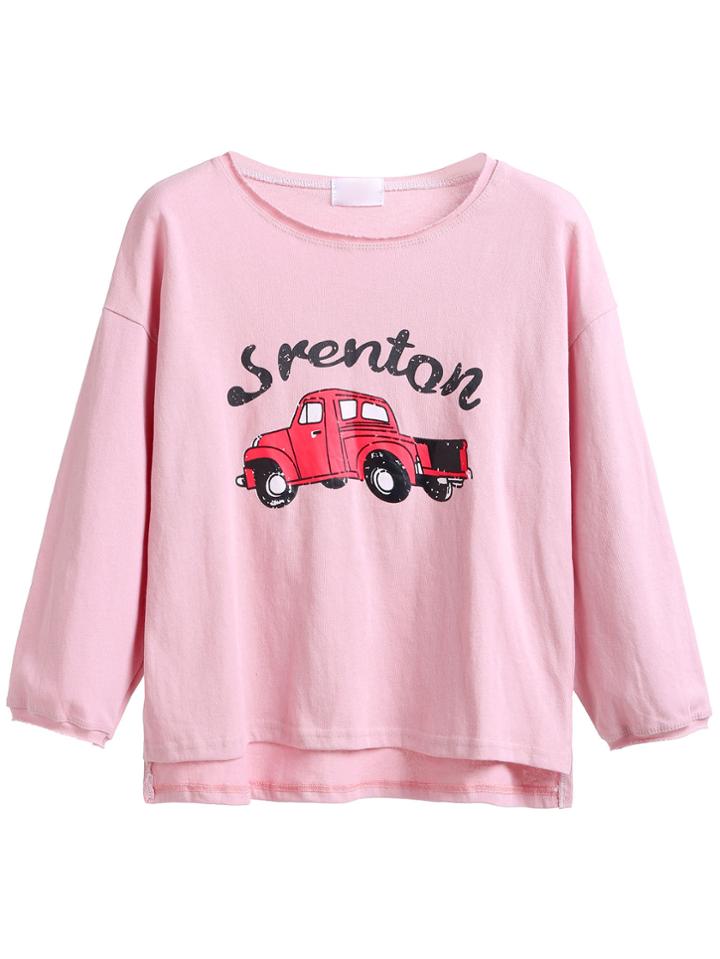 Romwe Pink Car Print Dropped Shoulder Seam High Low T-shirt