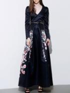 Romwe Navy V Neck Long Sleeve Drawstring Floral Print Dress