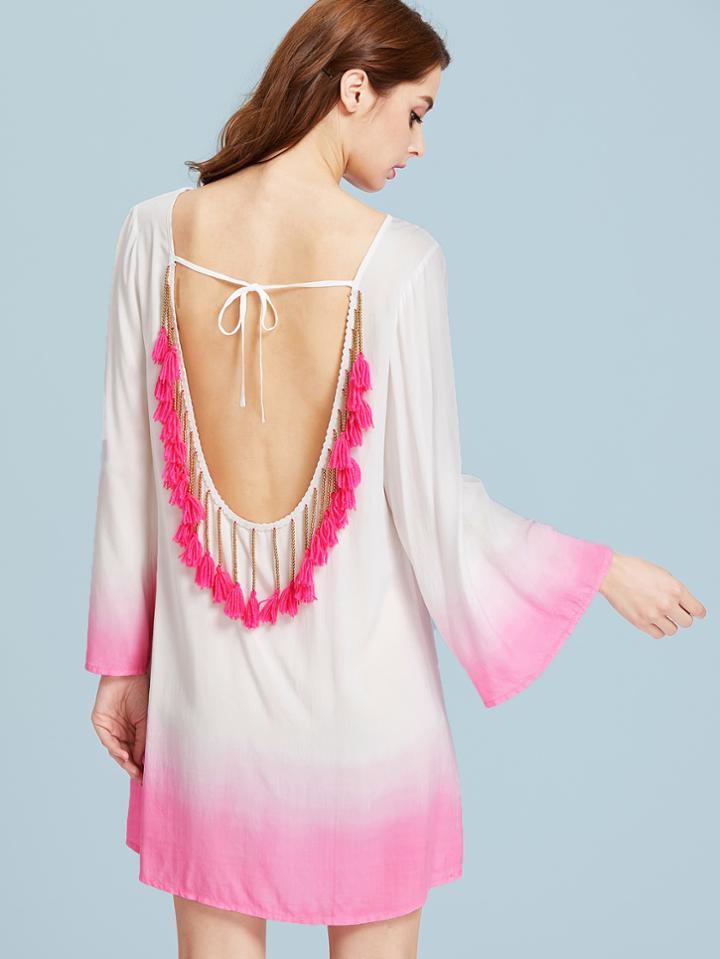 Romwe Self Tie Tassel Trim Low Back Ombre Dress