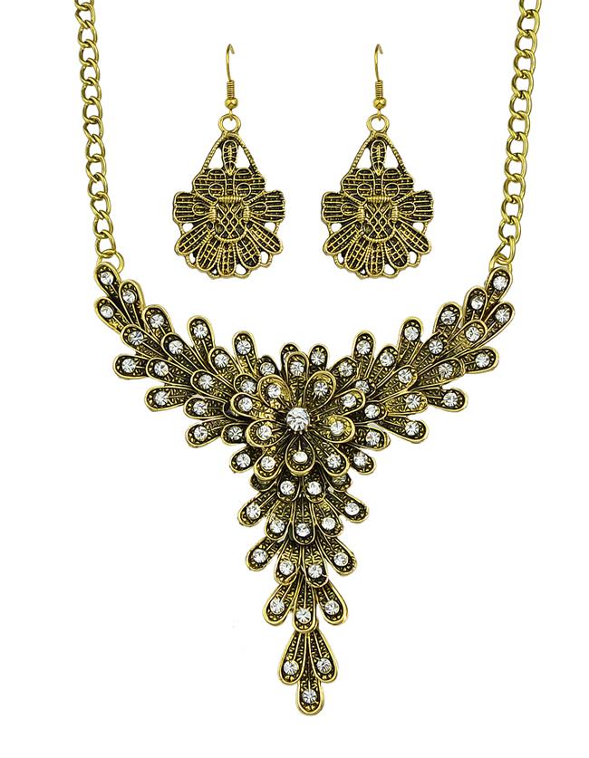 Romwe Vintage Style Atgold Rhinestone Flower Pendant Necklace Drop Earrings Indian Jewelry Set